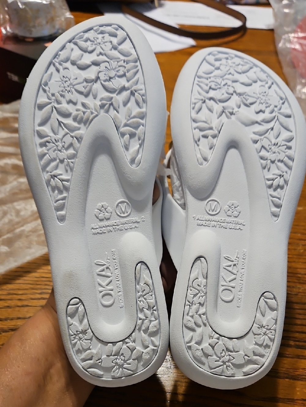 White Flip Flop Sandals with Pink Flamingo Accent - Picture 2 of 4
